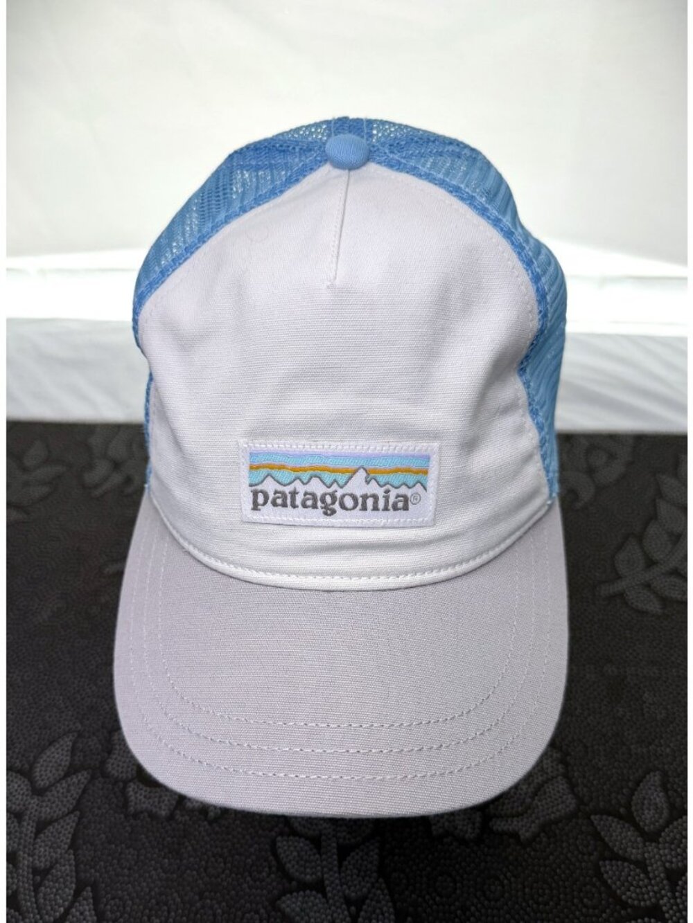 Patagonia Trucker Gray/White/Blue Fitz Roy Logo Snapback Mesh Cap